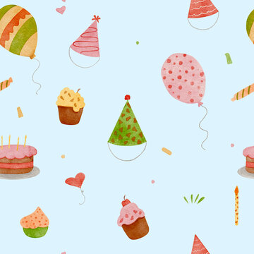 Seamless watercolor pattern of birthday elements with balloons, cake, candles, hats, numbers, and gifts on light blue background for festive design and decoration