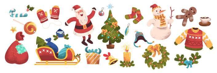 Santa christmas elements. Xmas tree with new year decoration items, santa claus snowman gift candy canes festive wreath bell noel cozy stickers set, classy vector illustration