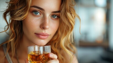 A girl with curly hair drinks tea from a transparent glass, useful for promoting a healthy lifestyle and relaxation.