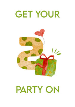 Watercolor birthday card with text Turn on the party featuring number 2 and gift box on white background for festive greetings and creative celebration design
