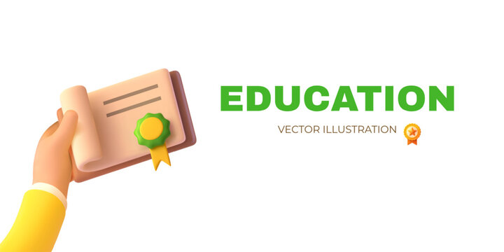 3d hand certificate. Arm hold diploma, school education university academic degree online course award student receive badge college completion document render vector illustration