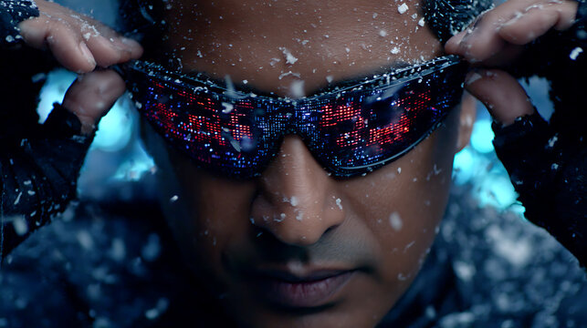 Close-up of a person wearing futuristic digital sunglasses with red display, adjusting them in a snowy environment.
