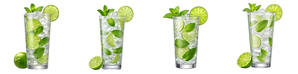 Four mojito cocktails isolated on a transparent background