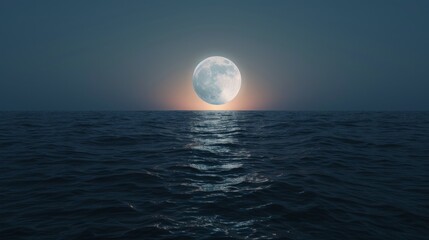 A bright full moon over the calm night sea creates an atmosphere of mystery and tranquility for meditative and nature themes.