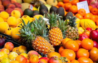 Colorful fresh fruit at a market stall in Porto, including baby pineapples, persimmons, peaches, nectarines, plums, lemons, mandarins, and avocados. Typical fruits of the region are offered for sale.