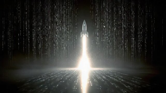 Powerful rocket launching upwards through a dark, abstract space filled with falling digital code, symbolizing technology startup, innovation, and breaking through information barriers