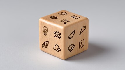 Wooden cube with engraved symbols of creativity, innovation, and inspiration for brainstorming and idea generation