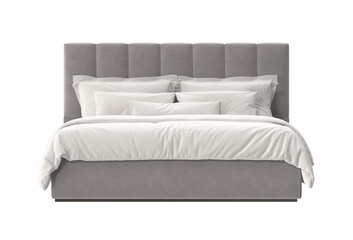 This image showcases a stylish bed with a padded gray headboard and crisp white bedding, perfect for a modern bedroom.
