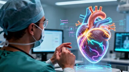 Surgeon analyzes dynamic heart hologram in bright modern operating room, pushing boundaries of medical science with cutting edge technology - Powered by Adobe