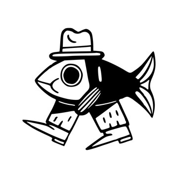 fish wearing hat walking black and white clip art preview
