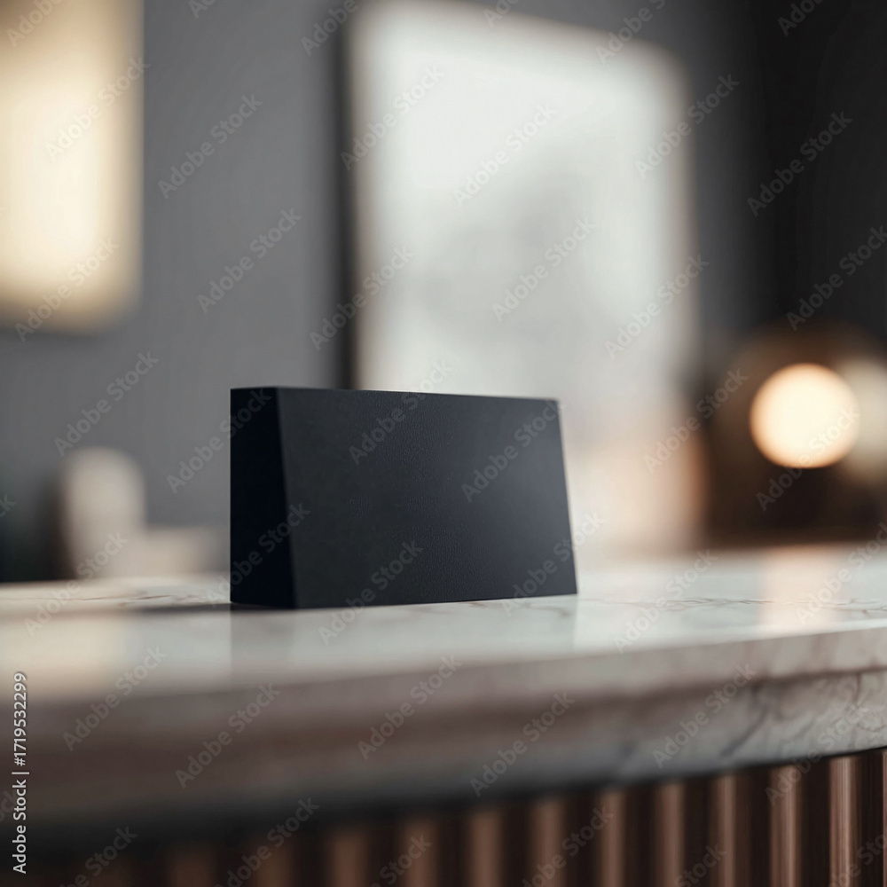 Poster minimalist black object on a marble surface, suggesting modern design or technology. perfect for sho