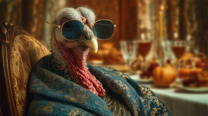 Turkey wearing sunglasses at elegant thanksgiving dinner table with candles pumpkin and festive decoration in warm atmosphere highlighting holiday celebration and seasonal feast