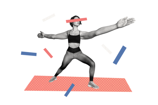 Composite photo collage of pretty athlete girl do sport healthy lifestyle pilates gym exercise cardio isolated on painted background