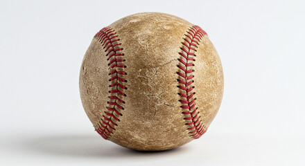 Well-worn Baseball Close-up: Cracked Leather and Red Stitching