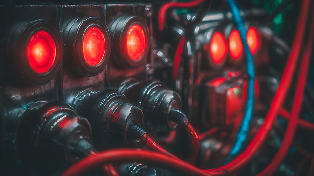 Close-up of electronic panel with red indicator lights and connected cables - Powered by Adobe