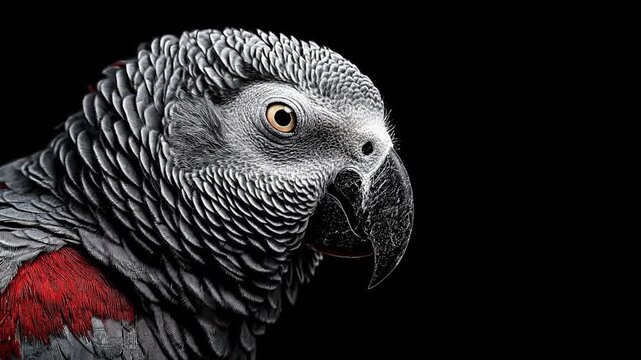 Gray parrot headshot detailed plumage intense gaze