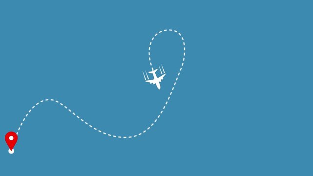 Airplane flight path animation with red location pin and dotted line for travel route concept on transparent background. Pointer and Motion Design Travel Concept. 4k alpha channel.