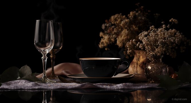 Elegant Dark Teacup and Champagne Flutes Still Life Photography