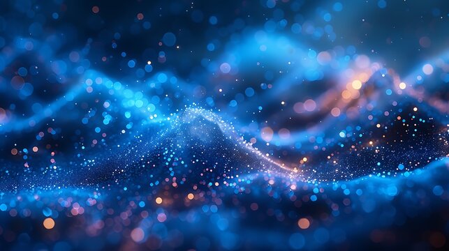 Abstract Blue And Gold Particles Flowing Through Cosmic Waves
