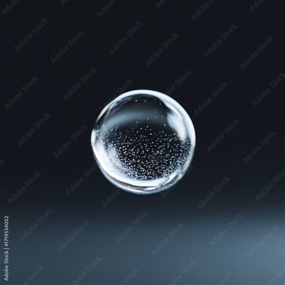 Poster a single, translucent sphere filled with tiny bubbles floats against a dark gradient background. evo