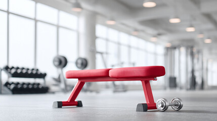 Fitness scene Red bench and dumbbells in a bright gym. Symbolizes health, strength, training, and dedication. Ideal for wellness, sports, lifestyle content.