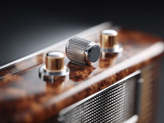 Closeup of controls on a refined device with a rich wood grain finish. Captures precision, elegance, and retro aesthetics. Ideal for tech, luxury, and design themes.