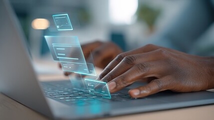 Hands Typing on a Modern Laptop in a Sleek Office with Holographic Interface Panels Floating Above the Keyboard