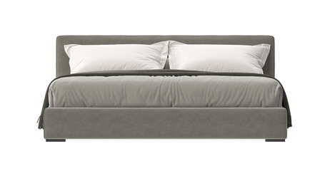 A contemporary bed with a gray upholstered frame is the focal point, featuring crisp white pillows and a soft gray blanket, creating a serene bedroom scene.