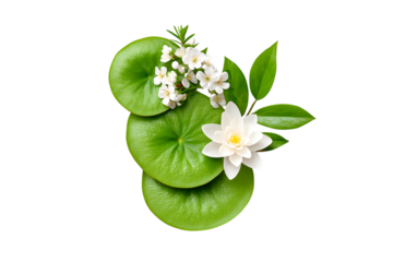 Serene white water lily blooms atop vibrant green lily pads, evoking tranquility and natural beauty for peaceful wellness or spa themes.