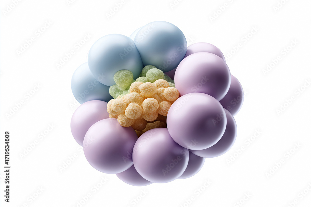 Poster Abstract 3D rendering featuring spheres of varying textures and soft pastel colors. Conceptual image ideal for science, technology, or creative design projects.