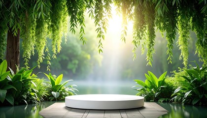 Serene circular podium nestled amidst lush greenery by a tranquil lake, bathed in soft sunlight.