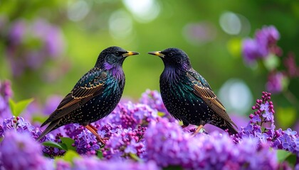 Two stunning starlings perch amidst a profusion of vibrant purple lilac blossoms, showcasing their iridescent plumage.