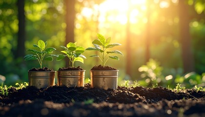 Three small plants in metal pots sit in rich dark earth, bathed in warm sunlight filtering through the trees.