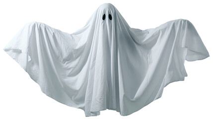 White sheet ghost costume with spooky eyes isolated on transparent background 