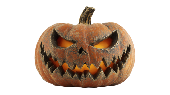 Wicked pumpkin with glowing jagged grin, horror Halloween vibe, isolated on transparent background 