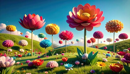 A vibrant, colorful landscape filled with oversized, whimsical flowers of various hues, rising from a grassy field with rolling hills, bathed in bright sunlight.