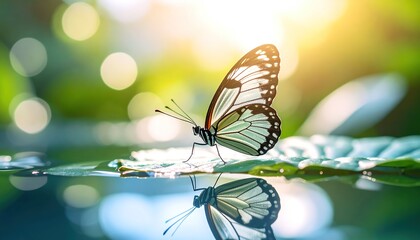 A serene butterfly rests on a leaf, its reflection shimmering on the still water surface, bathed in the soft glow of sunlight filtering through lush greenery.