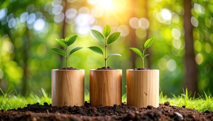 Three young plants in wooden pots, flourishing in a sun-drenched natural setting, exuding a hopeful and vibrant atmosphere.