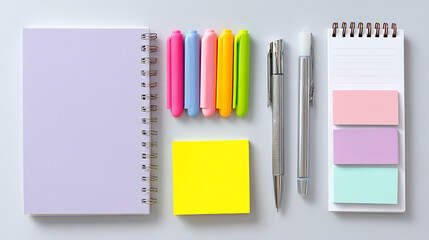 Notebook and pen on white background. Top view with copy space. Office, study, and writing concept.
