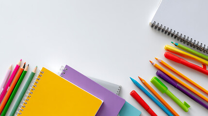 Top view of office supplies on white background with copy space. Workspace, productivity, and business concept.
