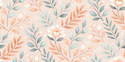 Soft watercolor botanical pattern with delicate leaves and subtle flowers in pastel peach and green tones