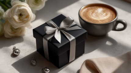 Black gift box with satin ribbon  top down flat lay