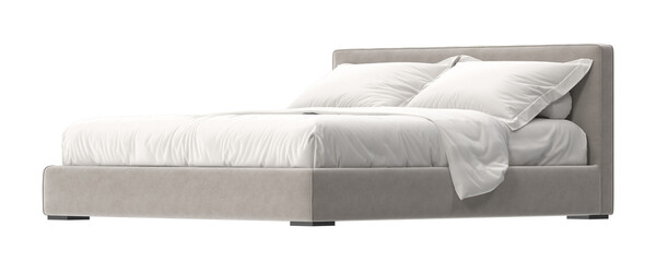 Obraz premium A contemporary bed features a neutral upholstered frame and is adorned with crisp white linens and pillows, creating a serene bedroom scene.