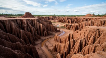 Vast canyon with numerous eroded reddish-brown earth pillars and a winding stream under a partly cloudy sky