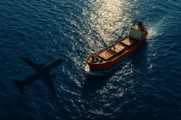Fototapeta premium Airplane Shadow Over Cargo Ship at Sea – Cinematic Aerial View of Ocean Journey and Global Trade Storytelling Scene