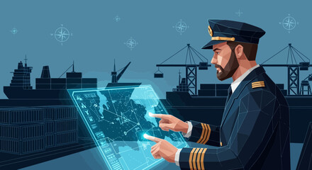 Maritime Captain Navigating Global Trade Routes with Advanced Technology Interface Design
