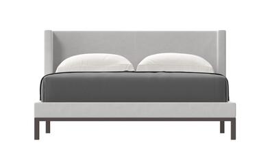 A front view of a contemporary bed with a light gray headboard and frame, featuring white pillows and dark gray sheets.