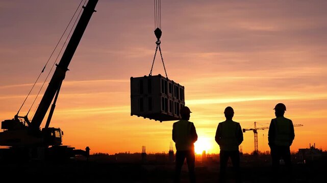 Workers stand silhouetted against a stunning sunset as a crane lifts materials skyward. The construction site buzzes with activity, capturing a moment of teamwork and dedication.