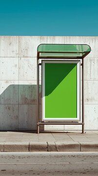 Blank advertisement board with green screen background at a minimalist urban bus stop featuring glass roof and stone wall under bright blue sky.