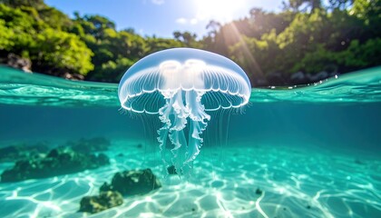 A translucent jellyfish gracefully floats in shallow, turquoise water, with sunbeams highlighting the underwater scene.